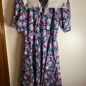 Vintage 1980s TINA BARRIE Collared Prairie Cottage Dress Lg Floral Lace USA